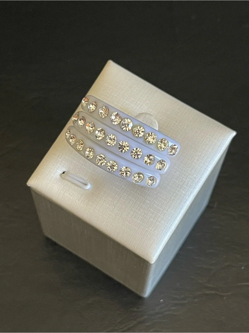 3 vintage white lucite rhinestone ring.